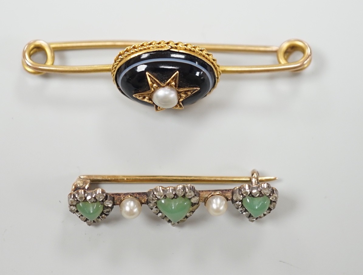An early 20th century Austro-Hungarian? yellow metal, chrysoprase, rose cut diamond and seed pearl, set triple heart motif bar brooch, 32mm and a Victorian banded agate and split pearl set bar brooch